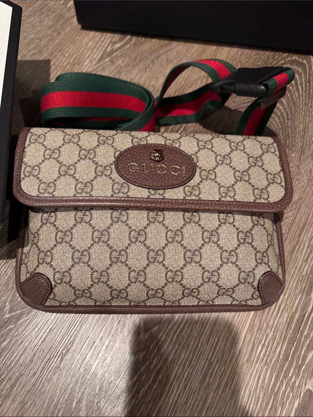 Gucci Beige GG Supreme Canvas Belt Bag with Brown Trim and Green-Red Web Strap